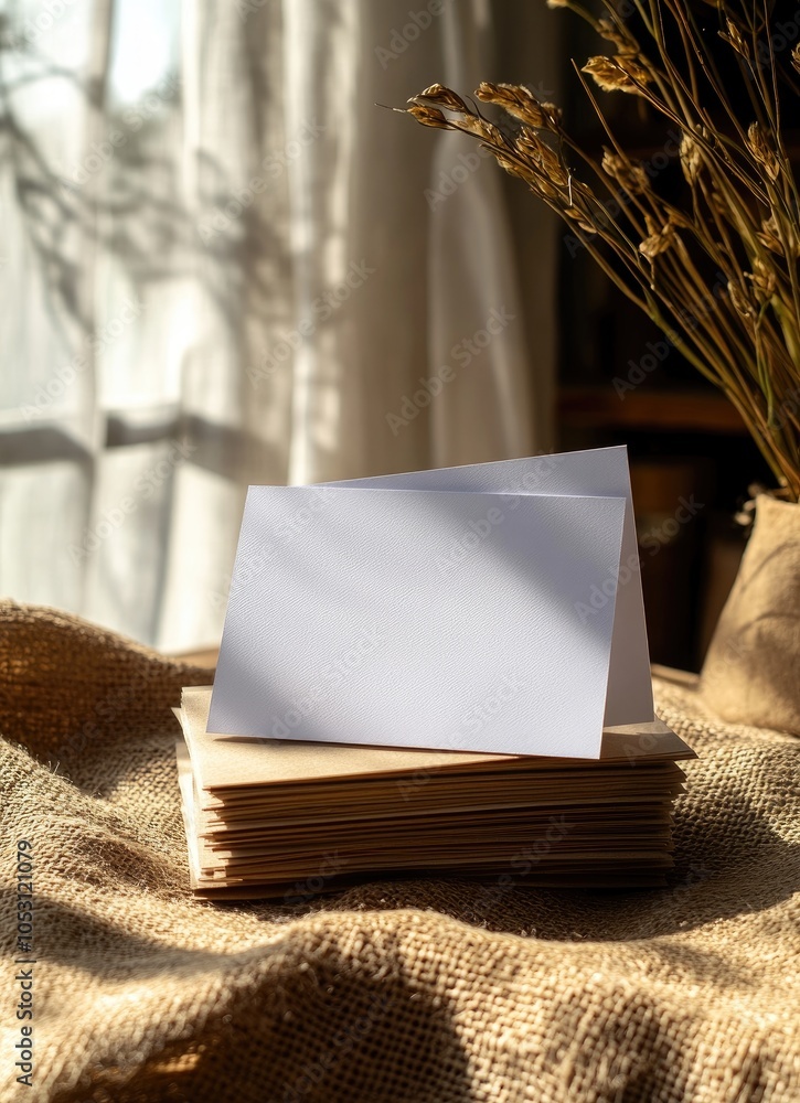 Poster a blank white card sits on a stack of brown envelopes, with burlap fabric and dried wheat stalks in 