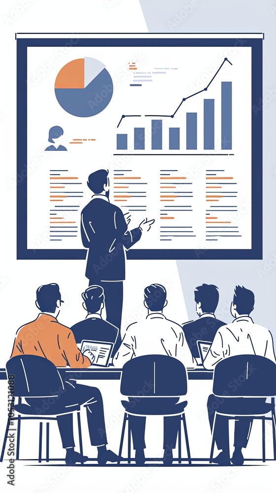 Poster business presentation with charts and graphs for a focused team