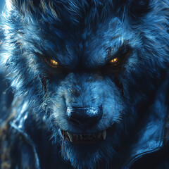 A close-up of a large, menacing, blue wolf with glowing yellow eyes.

