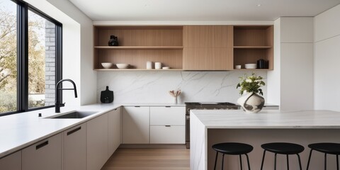 Modern luxury kitchen, minimalist white cabinetry, large island with wooden bar stools, floor-to-ceiling window, natural light, sleek appliances, wood accent shelving, marble countertops, neutral colo