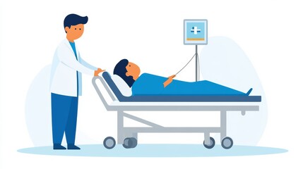 A doctor assists a patient on a hospital bed, showcasing healthcare support and medical attention in a clinical setting.
