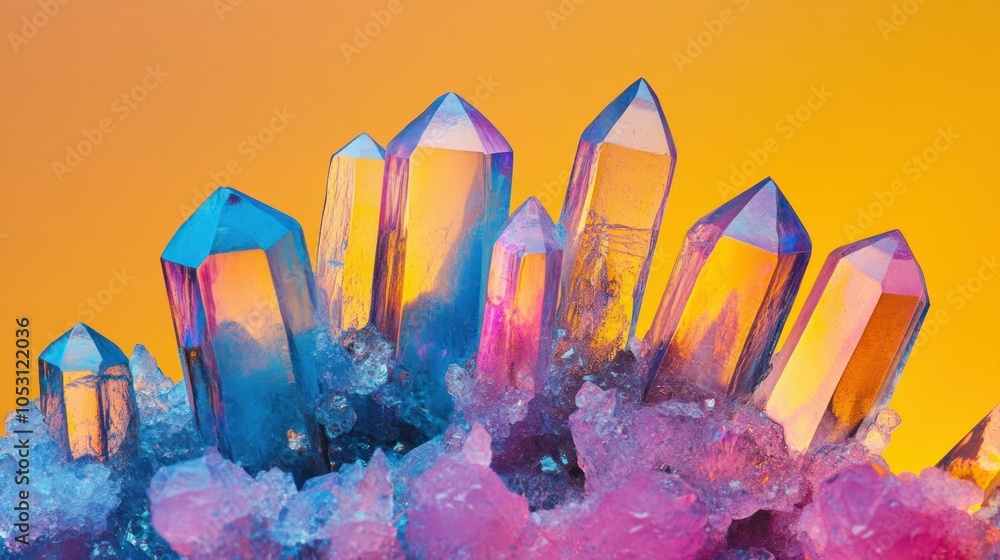 Poster close-up of iridescent quartz crystal cluster against a yellow background