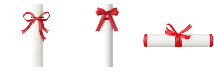 A trio of rolled scrolls tied with red ribbons, symbolizing achievement, celebration, or special messages.