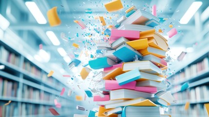 A dynamic explosion of colorful books showcases creativity and knowledge in a vibrant library setting.