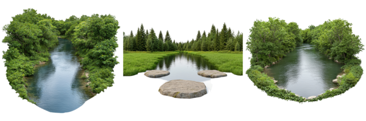 A serene triptych of a river surrounded by lush greenery, showcasing calm waters and rocky outcrops in a natural landscape.