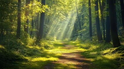 Obraz premium Sunlight streams through trees onto a winding path in a tranquil forest during a serene dawn