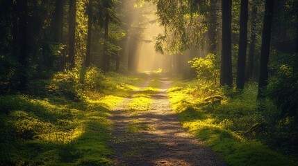 Obraz premium Sunlight streams through trees onto a winding path in a tranquil forest during a serene dawn