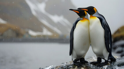 Fototapeta premium king penguin on the rocks, Penguin Couple in Love, Shy Birds