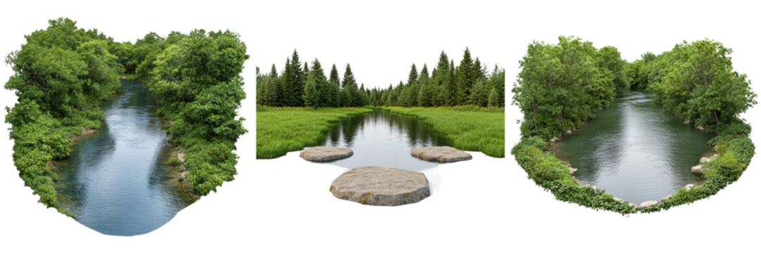 A serene triptych of a river surrounded by lush greenery, showcasing calm waters and rocky outcrops in a natural landscape.