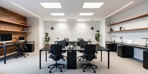 modern office interior, minimalist design, black and white color scheme, glass walls, reflective floor, ergonomic office chair, sleek desk, ceiling lights, corporate workspace, clean lines, contempora