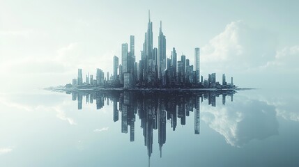 Fototapeta premium Futuristic floating cityscape at dusk with towering skyscrapers and a misty atmosphere above a bustling metropolis
