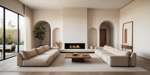 Fototapeta premium modern minimalist living room, neutral tones, white brick walls, arched doorways, large windows, natural light, contemporary fireplace, beige sectional sofa, wooden coffee table, potted plants, cozy i