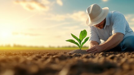 A farmer planting a young green seedling in fertile soil under the warm sunlight, symbolizing growth and sustainability.