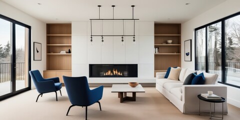 Modern luxury living room, panoramic windows, mountain view, white walls, wooden accent wall, linear fireplace, blue velvet armchairs, round coffee table, pendant lighting, minimalist design, open con