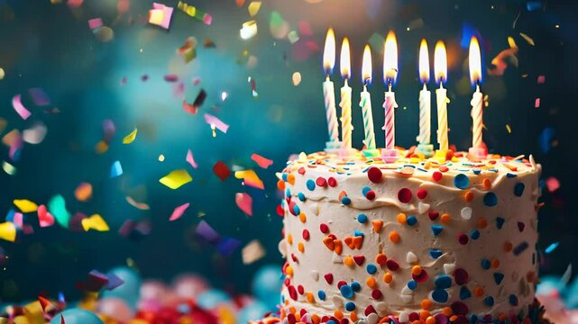 Happy birthday card with cake, burning candles and festive background with bokeh and confetti