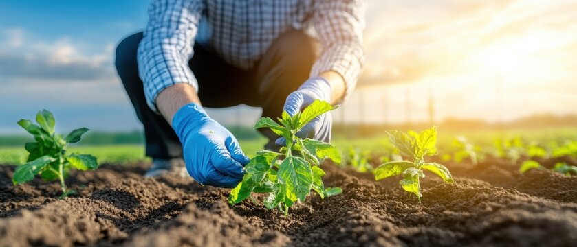 A farmer tending to fresh vegetable plants in a sunlit field, showcasing dedication to sustainable agriculture and growth.