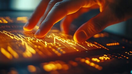Close-up of fingers tapping near a highlighted data point on a profit trends graph, focus on highlighted section and hand texture, natural light creating soft shadows, minimalistic background blur.