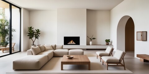 modern minimalist living room, neutral tones, white brick walls, arched doorways, large windows, natural light, contemporary fireplace, beige sectional sofa, wooden coffee table, potted plants, cozy i