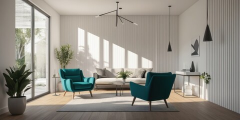 Fototapeta premium modern minimalist living room, teal accent chair, white walls, large windows, natural light, hanging pendant lights, wooden floor, potted plants, contemporary sofa, sleek coffee table, abstract wall a