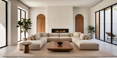 Fototapeta premium modern minimalist living room, neutral tones, white brick walls, arched doorways, large windows, natural light, contemporary fireplace, beige sectional sofa, wooden coffee table, potted plants, cozy i