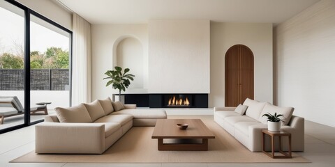 Fototapeta premium modern minimalist living room, neutral tones, white brick walls, arched doorways, large windows, natural light, contemporary fireplace, beige sectional sofa, wooden coffee table, potted plants, cozy i