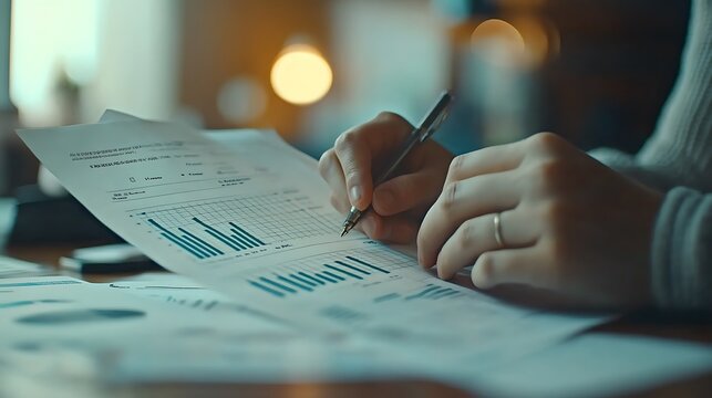 Close-up of fingers turning data sheets, bar and line graphs in focus, detailed shot of paper edges and data, soft natural light, professional setting with blurred desk items. --ar 16:9