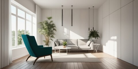 Fototapeta premium modern minimalist living room, teal accent chair, white walls, large windows, natural light, hanging pendant lights, wooden floor, potted plants, contemporary sofa, sleek coffee table, abstract wall a