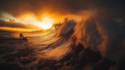 Surfer riding a massive wave at sunset with dramatic clouds and vibrant colors illuminating the ocean