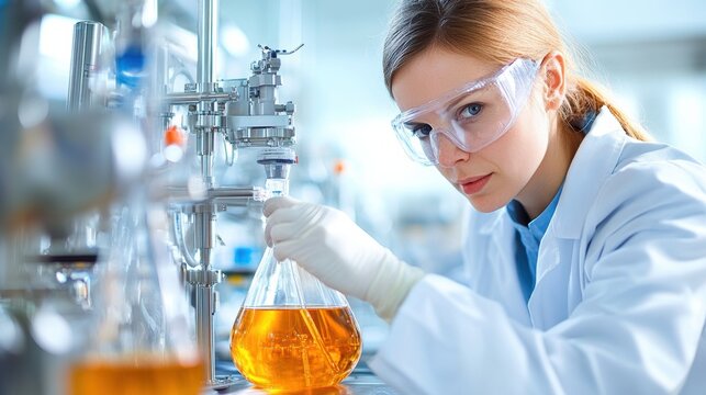 A focused female scientist conducts experiments in a laboratory, analyzing chemical reactions with precision and care.