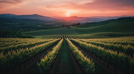 Sunset over rolling vineyards in Tuscany, capturing the beauty of grape rows and hills at dusk