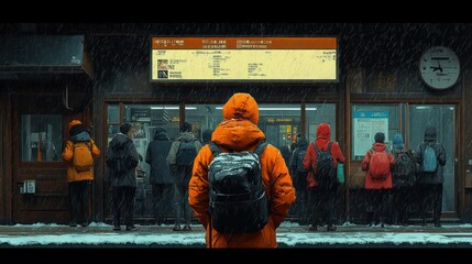 Obraz premium People Standing Outside a Train Station in the Rain