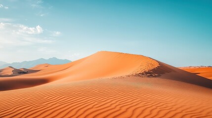 A serene landscape of rolling hills and distant mountains under a clear blue sky during the early morning light