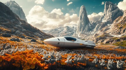 Fototapeta premium Astronaut explores a distant planet with a futuristic spacecraft during sunset amid a breathtaking alien landscape