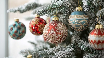 Vibrant decorations dangle from an exquisitely adorned tree, featuring elaborate designs that elevate the festive spirit.