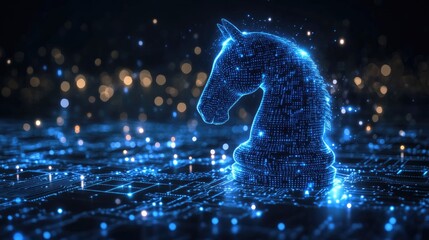 A glowing blue digital chess knight stands on a circuit board.
