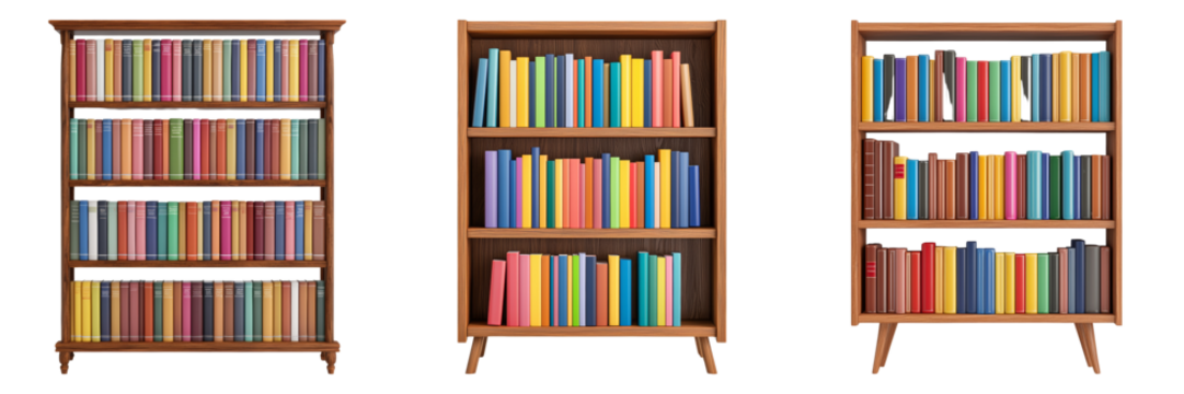 Three wooden bookshelves filled with colorful books, set against a black background, showcasing a variety of literary collections. - Powered by Adobe