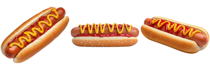 Three hot dogs, garnished with yellow mustard, displayed on a black background, showcasing their appetizing and classic fast-food appeal.