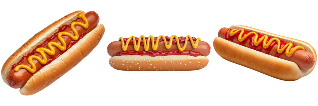 Three hot dogs, garnished with yellow mustard, displayed on a black background, showcasing their appetizing and classic fast-food appeal.