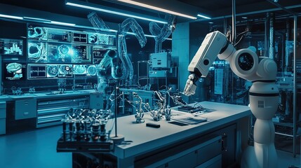 A futuristic medical lab featuring advanced robotics and holographic displays demonstrating innovative healthcare technology