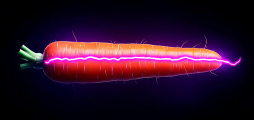 A vibrant carrot glows with a neon electric effect, set against a dark background, highlighting its shape and colors.