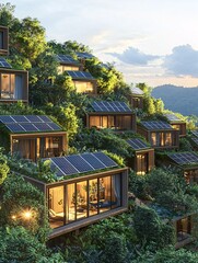 An eco-friendly retreat featuring sustainable design elements like solar energy, living roofs, and organic materials, prioritizing environmentally conscious travel.