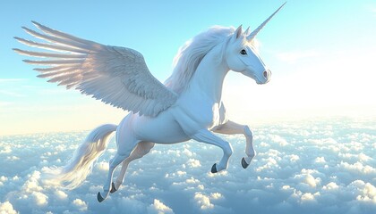 Fototapeta premium A majestic winged unicorn soars through a bright sky, embodying fantasy and wonder.