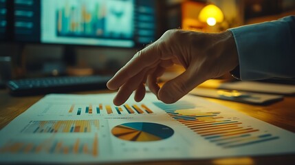Finger pointing to critical data on a pie chart within a business report, high-definition focus on chart sections and hand, soft natural lighting, minimalistic office setup in background blur.