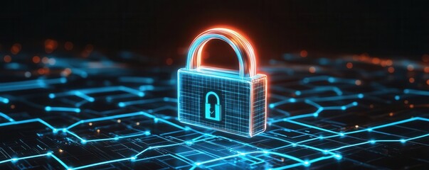 A digital lock hovering over a network grid, glowing neon blue lines, cyber security concept, dark futuristic background