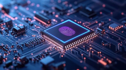 Conceptual image of a digital lock with a glowing fingerprint scanner, cyber security theme, neon blue and purple hues