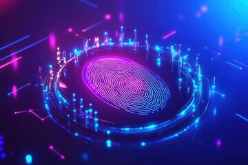 Futuristic digital fingerprint scan with holographic effects, biometric security concept, neon blue and purple colors