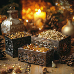 Ornate boxes with gold, frankincense, and myrrh for Epiphany