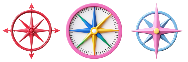 1. Three colorful compasses displaying various designs and orientations against a black background.