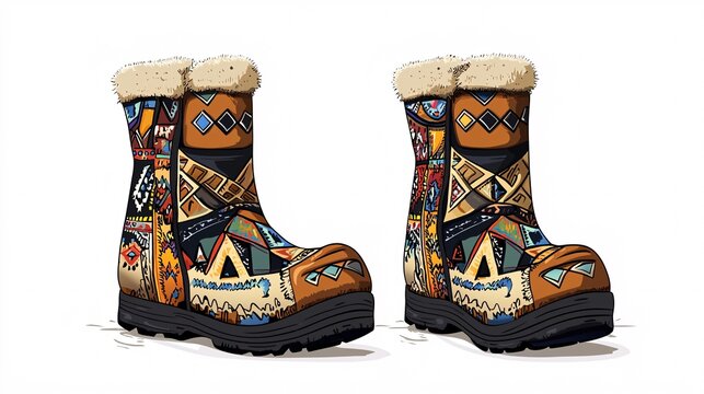 Authentic front view illustration of mukluk design highlighting unique patterns and textures on a white backdrop.