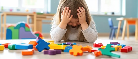A frustrated child surrounded by colorful puzzle pieces, showcasing the challenges of learning and problem-solving.
